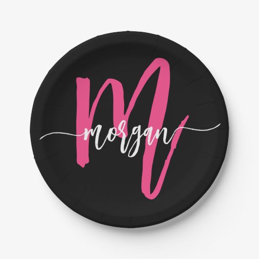 Hot Pink Black Modern Script Name Girl Monogram Pappteller (Vorderseite)