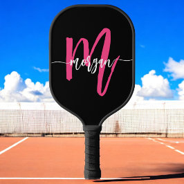 Hot Pink Black Modern Script Name Girl Monogram Pickleball Schläger