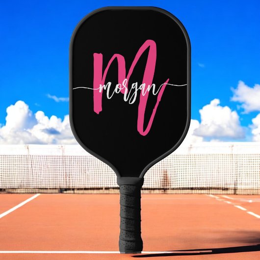 Hot Pink Black Modern Script Name Girl Monogram Pickleball Schläger