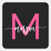 Hot Pink Black Modern Script Name Girl Monogram Quadratischer Aufkleber