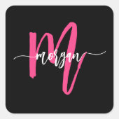 Hot Pink Black Modern Script Name Girl Monogram Quadratischer Aufkleber (Vorderseite)