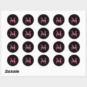 Hot Pink Black Modern Script Name Girl Monogram Runder Aufkleber (Blatt)