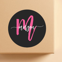 Hot Pink Black Modern Script Name Girl Monogram Runder Aufkleber