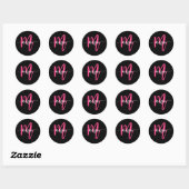 Hot Pink Black Modern Script Name Girl Monogram Runder Aufkleber (Blatt)