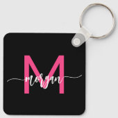 Hot Pink Black Modern Script Name Girl Monogram Schlüsselanhänger (Rückseite)