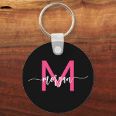 Hot Pink Black Modern Script Name Girl Monogram Schlüsselanhänger (Vorderseite)
