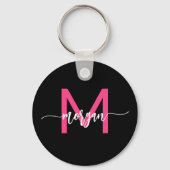 Hot Pink Black Modern Script Name Girl Monogram Schlüsselanhänger (Rückseite)