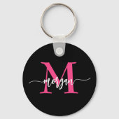 Hot Pink Black Modern Script Name Girl Monogram Schlüsselanhänger (Rückseite)