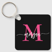 Hot Pink Black Modern Script Name Girl Monogram Schlüsselanhänger (Vorderseite)