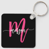 Hot Pink Black Modern Script Name Girl Monogram Schlüsselanhänger (Rückseite)