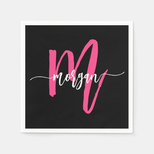 Hot Pink Black Modern Script Name Girl Monogram Serviette (Vorderseite)