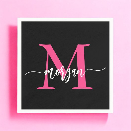 Hot Pink Black Modern Script Name Girl Monogram Serviette