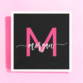 Hot Pink Black Modern Script Name Girl Monogram Serviette