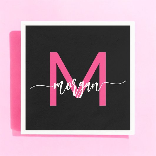 Hot Pink Black Modern Script Name Girl Monogram Serviette