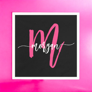 Hot Pink Black Modern Script Name Girl Monogram Serviette