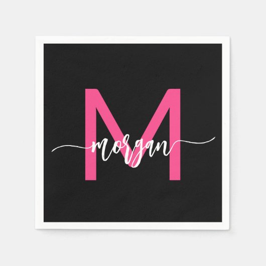 Hot Pink Black Modern Script Name Girl Monogram Serviette (Vorderseite)