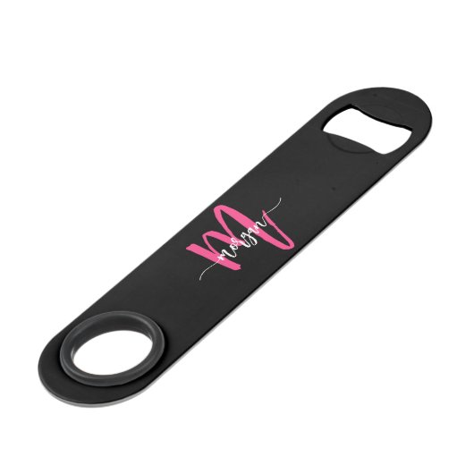 Hot Pink Black Modern Script Name Girl Monogram Speed Flaschenöffner (Vorderseite Schrägansicht)