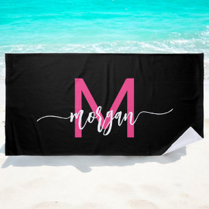 Hot Pink Black Modern Script Name Girl Monogram Strandtuch