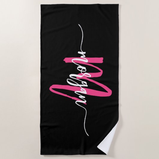Hot Pink Black Modern Script Name Girl Monogram Strandtuch (Vorderseite)