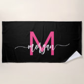 Hot Pink Black Modern Script Name Girl Monogram Strandtuch (Vorderseite)
