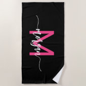 Hot Pink Black Modern Script Name Girl Monogram Strandtuch (Vorderseite)