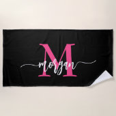 Hot Pink Black Modern Script Name Girl Monogram Strandtuch (Vorderseite)