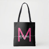 Hot Pink Black Modern Script Name Girl Monogram Tasche (Vorderseite)