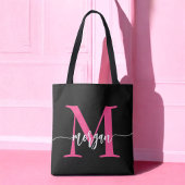 Hot Pink Black Modern Script Name Girl Monogram Tasche