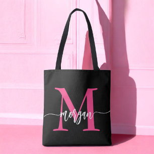 Hot Pink Black Modern Script Name Girl Monogram Tasche