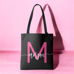 Hot Pink Black Modern Script Name Girl Monogram Tasche
