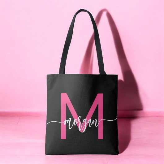 Hot Pink Black Modern Script Name Girl Monogram Tasche