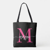 Hot Pink Black Modern Script Name Girl Monogram Tasche (Rückseite)