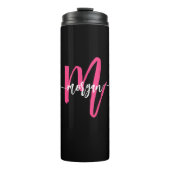 Hot Pink Black Modern Script Name Girl Monogram Thermosbecher (Vorderseite)