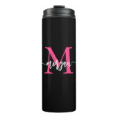 Hot Pink Black Modern Script Name Girl Monogram Thermosbecher (Vorderseite)