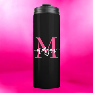 Hot Pink Black Modern Script Name Girl Monogram Thermosbecher