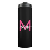 Hot Pink Black Modern Script Name Girl Monogram Thermosbecher (Vorderseite)