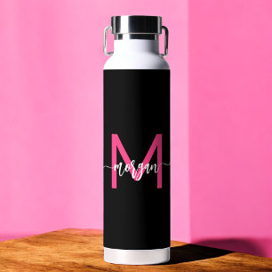 Hot Pink Black Modern Script Name Girl Monogram Trinkflasche
