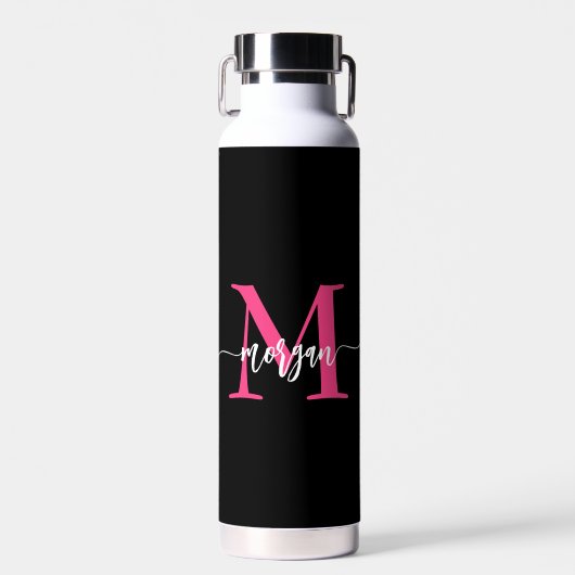 Hot Pink Black Modern Script Name Girl Monogram Trinkflasche (Vorne)
