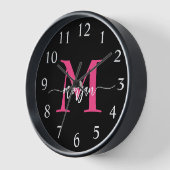 Hot Pink Black Modern Script Name Girl Monogram Uhr (Winkel)