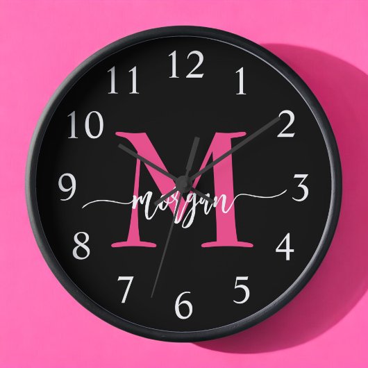 Hot Pink Black Modern Script Name Girl Monogram Uhr