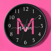 Hot Pink Black Modern Script Name Girl Monogram Uhr