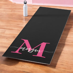 Hot Pink Black Modern Script Name Girl Monogram Yogamatte