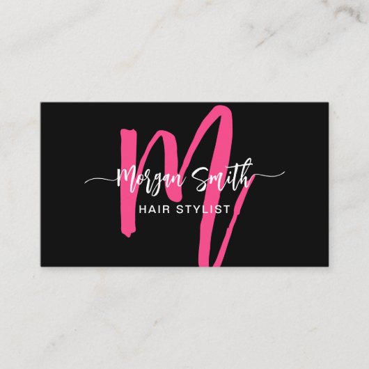 Hot Pink Black Modern Script QR Code Monogram Name Visitenkarte (Vorderseite)