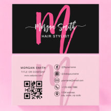 Hot Pink Black Modern Script QR Code Monogram Name