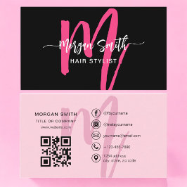 Hot Pink Black Modern Script QR Code Monogram Name Visitenkarte