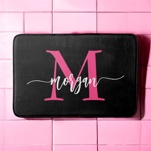 Hot Pink Black Monogram Girl's Dorm Room Badematte