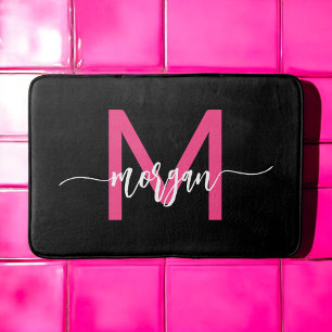 Hot Pink Black Monogram Girl's Dorm Room Badematte