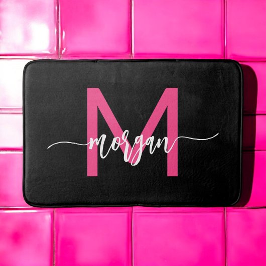 Hot Pink Black Monogram Girl's Dorm Room Badematte