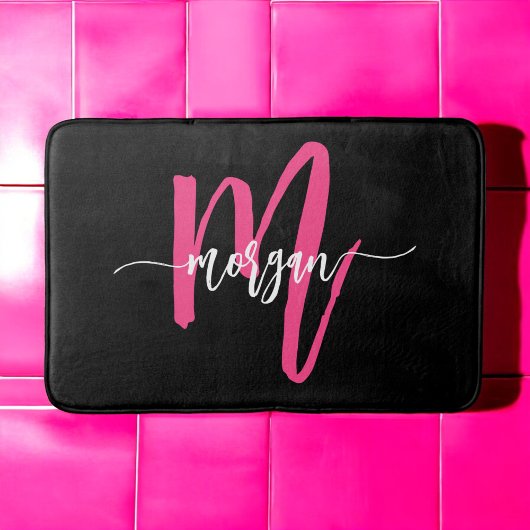 Hot Pink Black Monogram Girl's Dorm Room Badematte