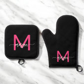 Hot Pink Black Monogram Girl's Kitchen Script Ofenhandschuh & Topflappen-Set
